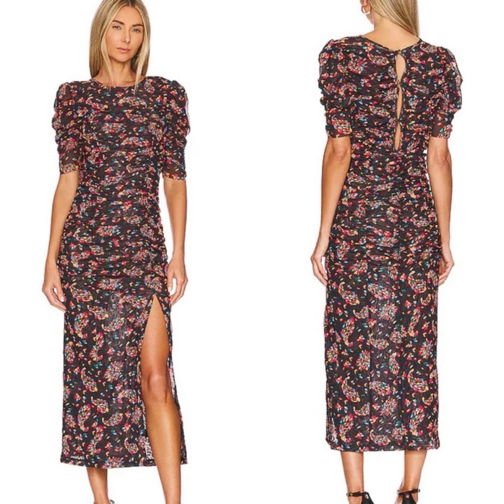 Free People Black Floral Midi Dress with Puff Sleeves